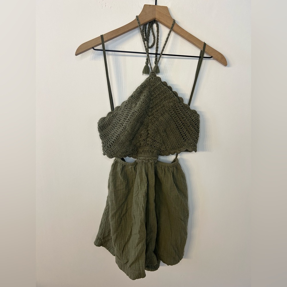 Aerie Green Pool-to-Party Crochet Halter Mini Dress, Size Small - Picture 3 of 11